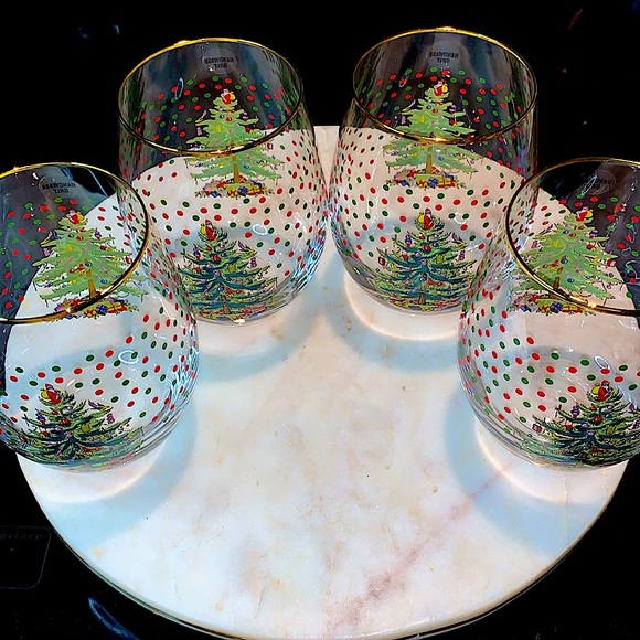 SPODE CHRISTMAS TREE STEMLESS WINE GLASSES SET OF 4 NIB 18 oz - Picture 4 of 8